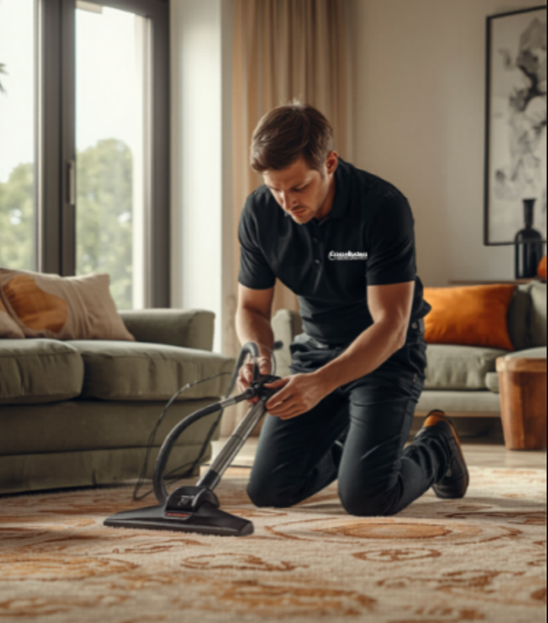 Technicien CrasseBusters nettoyant une moquette avec injecteur-extracteur professionnel à Toulouse